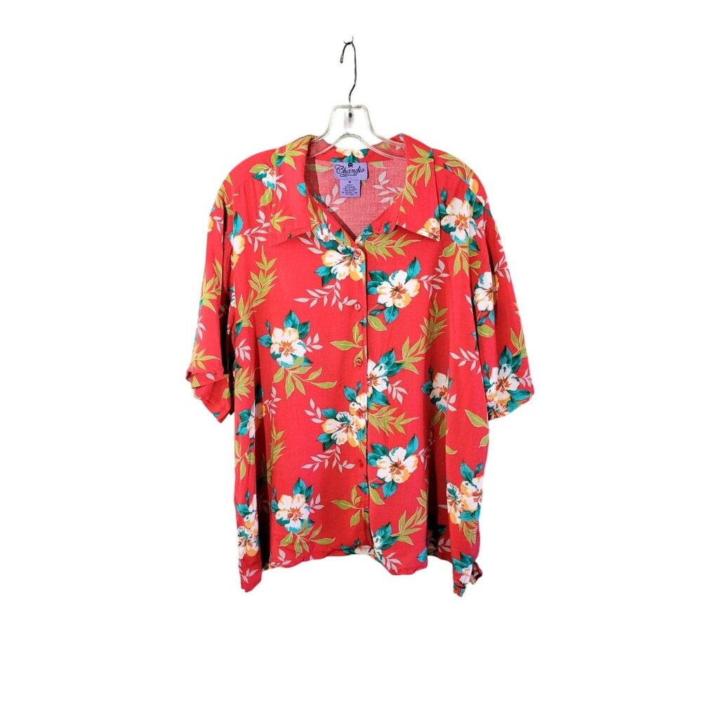 Chandio Short Sleeve Red Floral Hawaiian Shirt Women's 2X Rayon
